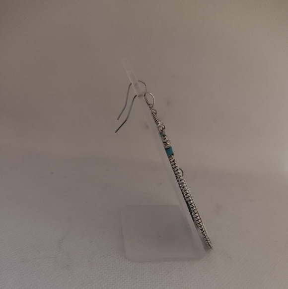 Silver Teardrop Dangle Earrings with Turquoise Feather Charms - Picture 6 of 6